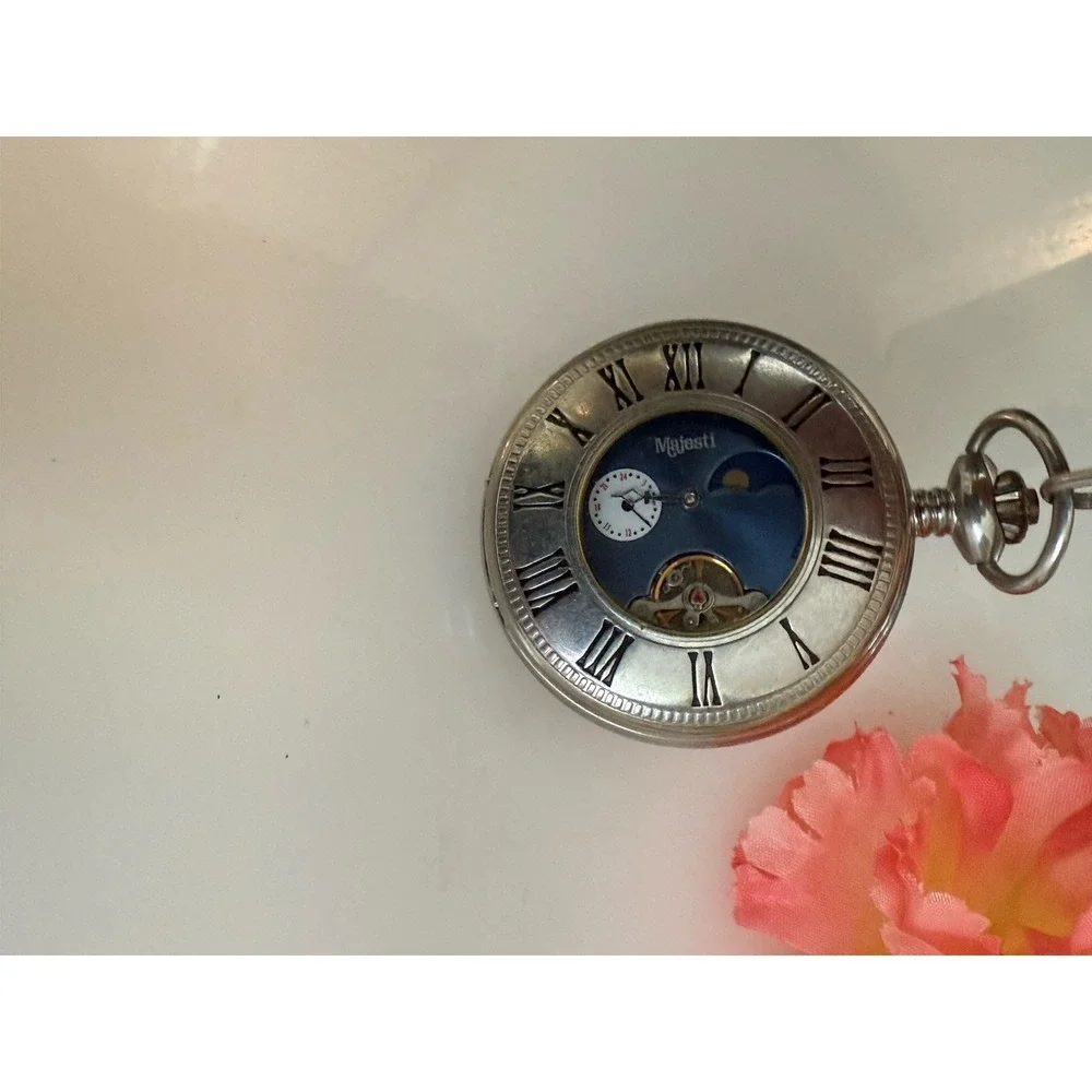 2002 Majesti Pocket‎ Watch with Inscription In Back As is Chain Silver Tone Blue
